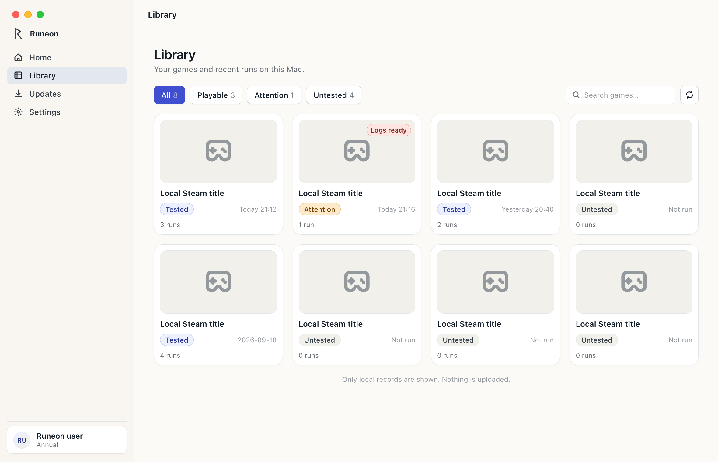Runeon Library screen showing local run records and report status.